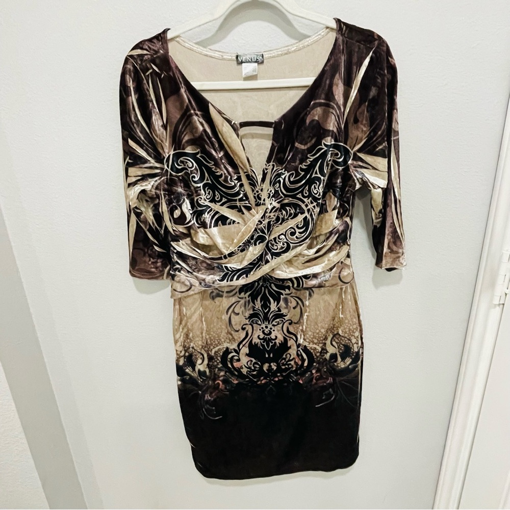 Venus Crushed Velvet Printed 3/4 Sleeve Brown MIDI Dress Womens Size L